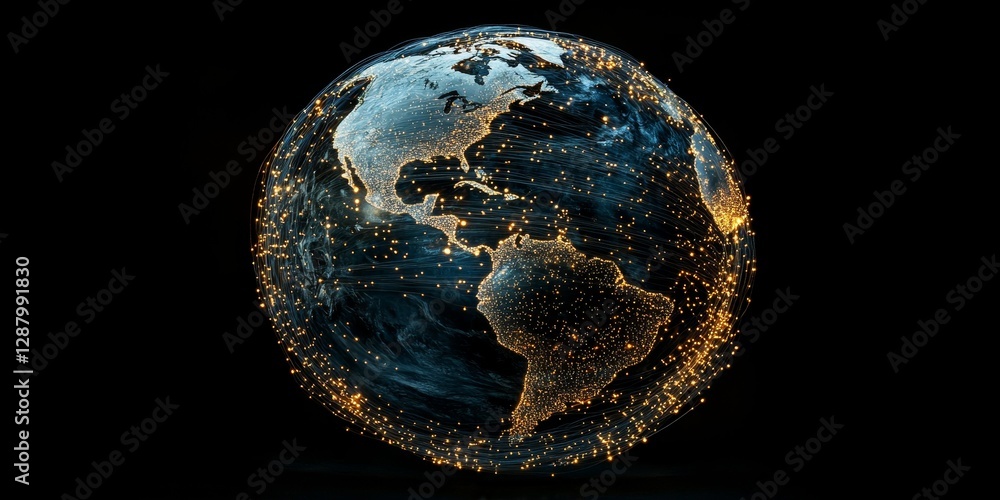 Aufkleber conceptual art piece showing earth with glowing data streams encircling it, symbolizing global commu