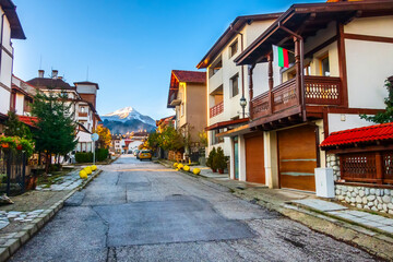 Bansko, Bulgaria autumn street and mountain view