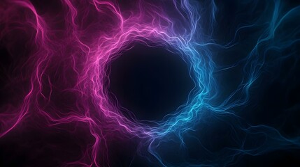 The image contains an abstract depiction of swirling, luminous energy strands in shades of pink and blue, forming a circular void in the center.
