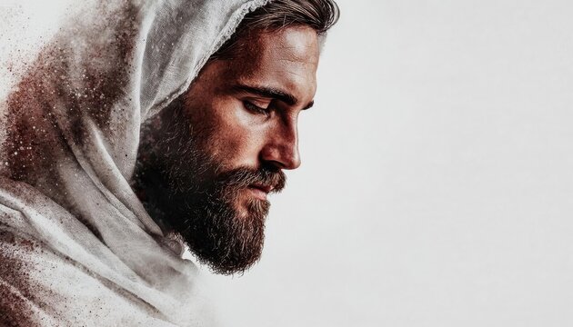 A profile portrait of a man with a beard wearing a white hood, conveying deep reflection.