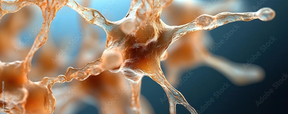 Poster a close-up view of neural cells, showcasing their intricate structure and connections in a vibrant, 