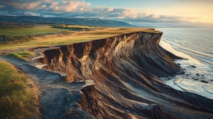 Weathering process idea. Breathtaking cliffside view showcasing vibrant earth tones and ocean waves.