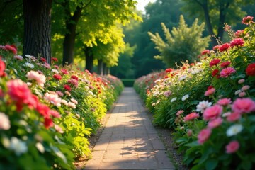 Garden path lined with blooming flowers and shrubs, shrubs, gardenia