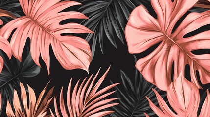 Pink and gray tropical leaves on black background.