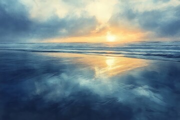Obraz premium Digital painting of a serene beach at dawn, with soft light reflecting off the water's surface, Generative AI