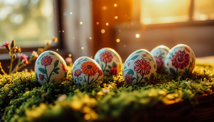 Hand-painted Easter eggs with floral patterns resting on a mossy surface, bathed in golden sunlight from a rustic window.