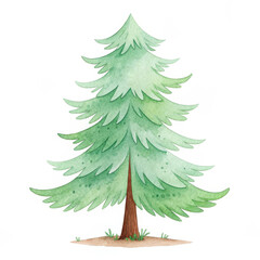 Fototapeta premium A beautiful watercolor illustration of a green coniferous tree with layered, textured foliage and a sturdy brown trunk.
