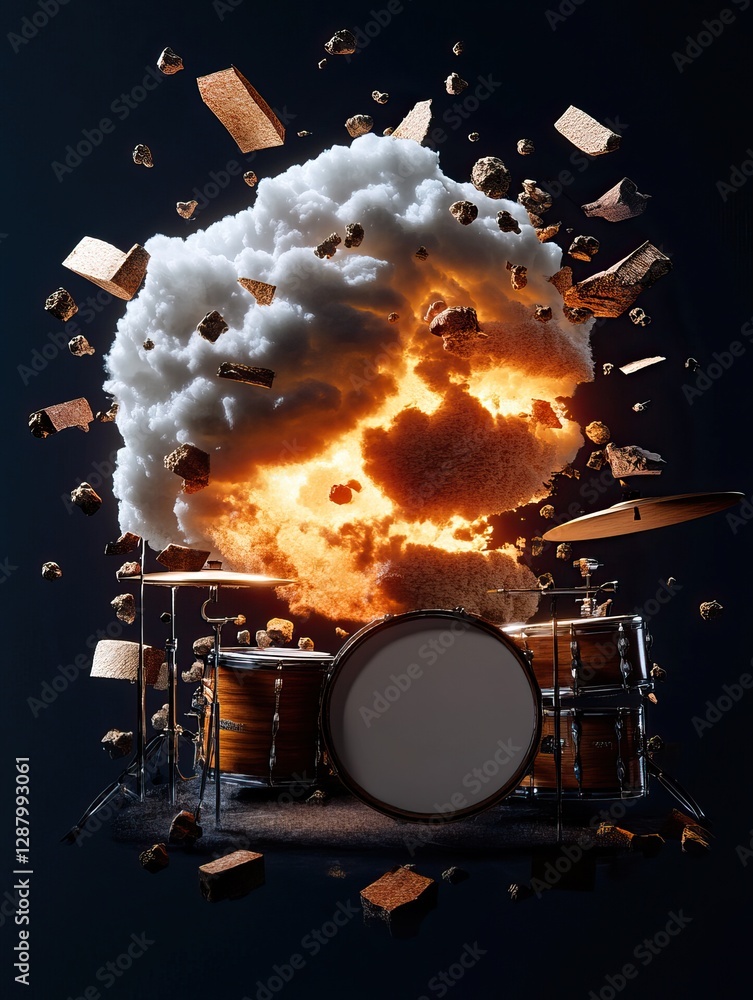 Poster an explosive visual of a drum set surrounded by a dynamic cloud, evoking energy and creativity in mu