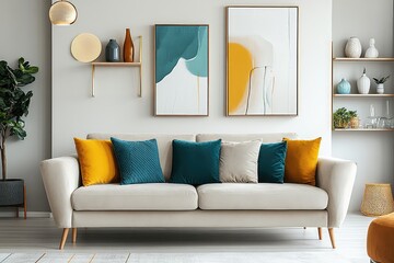 A luxurious, well-lit living room featuring a plush, modern sofa, artistic paintings on the wall, and sleek floating shelves.