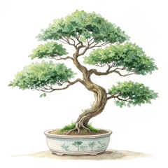 A beautifully detailed bonsai tree in a ceramic pot, showcasing lush green foliage and intricate branch structure, symbolizing nature and tranquility.