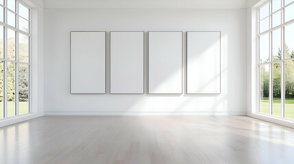 Obraz premium Empty White Room with Four Blank Canvases and Large Windows