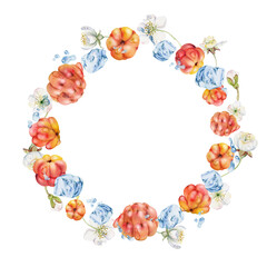 Cloudberry raspberry flying in water splashes drops, hand drawn in watercolor, red forest berry, white flowers leaves. Circle wreath frame illustration. Restaurant cafe menu, farmers market, juice bar