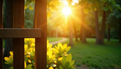 Fototapeta premium Gentle rays of sunlight peek through the gaps of a wooden lattice,, rays
