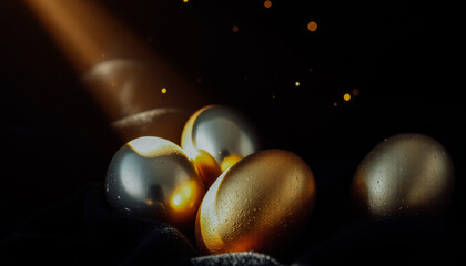 Naklejka premium Shiny golden and silver Easter eggs placed on dark velvet fabric, illuminated by soft glowing light with bokeh effects.
