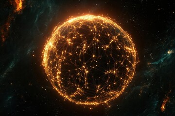 Obraz premium futuristic neural network visualization with glowing nodes and connections forming global sphere against deep space background