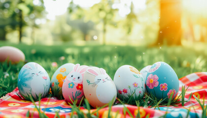 Fototapeta premium Beautifully decorated Easter eggs with floral and bunny designs placed on grass with a picnic blanket in warm sunlight.