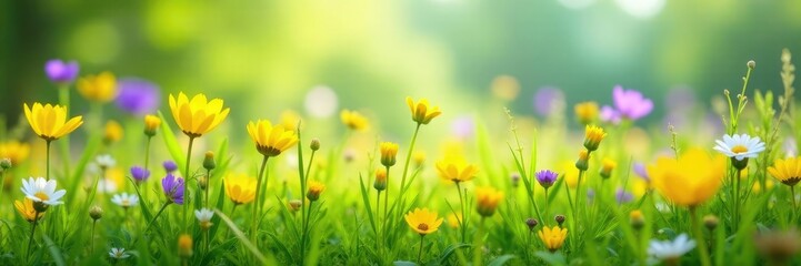 Fototapeta premium Meadow with yellow and purple flowers swaying gently in the breeze, nature, wildflowers, green grass