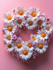 Fototapeta premium Heart-shaped floral arrangement on a pink background