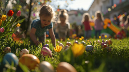 Children enjoying Easter egg hunt in sunny garden