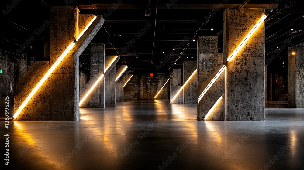 Poster a modern interior space featuring illuminated pillars with diagonal lighting, creating a dynamic and