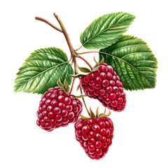 Ripe red raspberries growing on branch with green leaves
