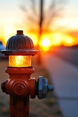 Fototapeta premium A glowing fire hydrant stands against a vibrant sunset, casting warm hues and creating a striking urban scene.