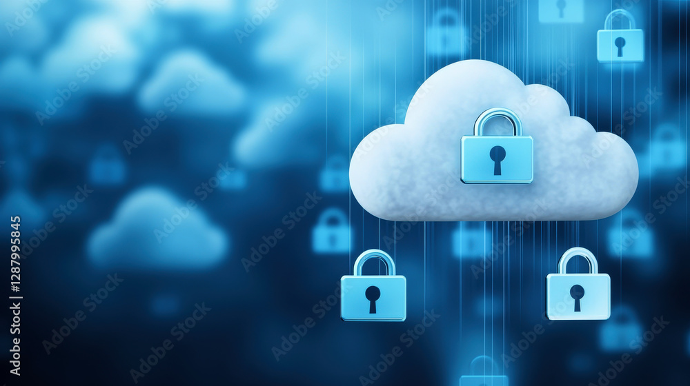 Poster cloud with glowing lines and a padlock icon set against the backdrop of planet earth, symbolizing gl