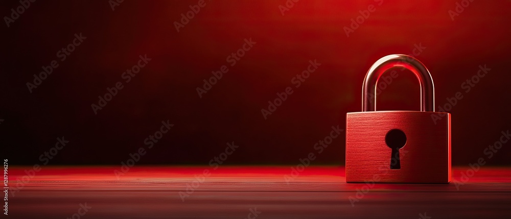 Poster a close-up of a red-lit padlock resting on a surface, symbolizing security and protection.