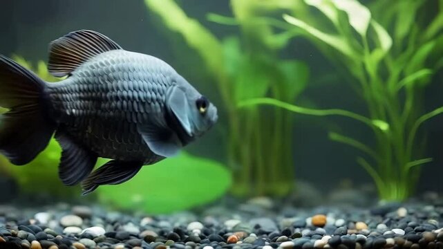 The black fish glided gracefully through the water, blending seamlessly with the dark underwater landscape.