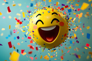 A happy emoji face exploding into colorful confetti, playful cartoon style, vibrant colors, 8K resolution