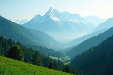 Obraz premium Rolling hills of green forest surrounding snow-capped mountain peaks covered in mist and fog, landscape, wilderness