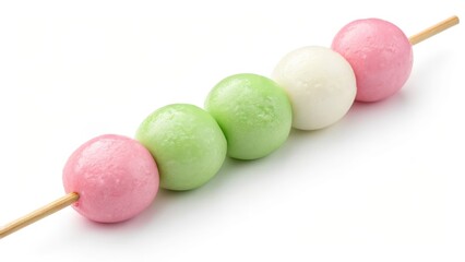 A colorful skewer with four round, pastel-colored sweets in pink, green, white, and pink, showcasing a delightful treat.