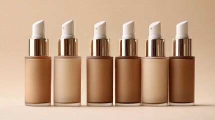 Six foundation shades, studio shot, beige background, beauty product