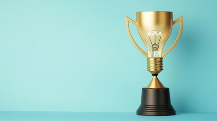 An innovative trophy featuring a light bulb design, symbolizing creativity and achievement, set against a soft blue background.