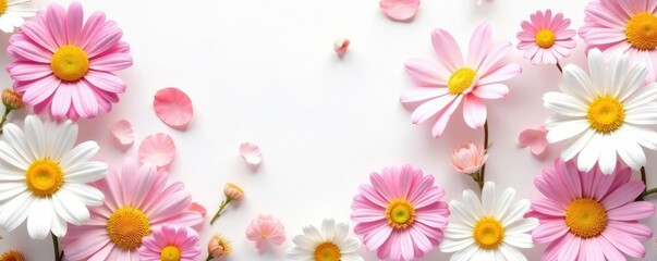 Soft petal daisies in pastel shades are scattered on a white background, botanical, whimsical