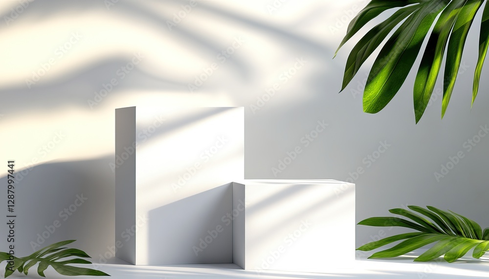 Poster a minimalist display featuring two white blocks surrounded by green leaves, creating a serene and mo