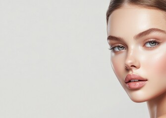 Naklejka premium The face of a woman with healthy pure skin is shown in closeup against a white backdrop