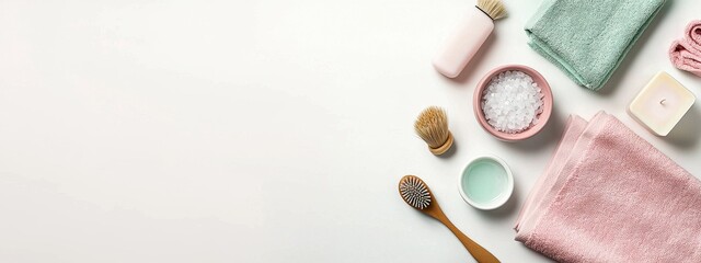 This banner depicts a natural spa, wellness, or skin care composition, shot from the top, with elements such as a water bowl, flowers, green leaves, a towel, and other accessories, all on a white