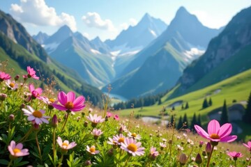 Fototapeta premium Soft petals of wildflowers swaying gently amidst towering mountain peaks, nature, wildflowers