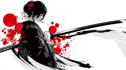 Anime Samurai Woman with Katana, Red Ink Splatter Background