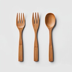 Human rights in climate change Environmental Justice concept. A set of three wooden utensils: two forks and one spoon, displayed against a simple background.