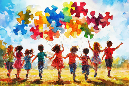 illustration of children kids with puzzle balloons. autism awareness concept.