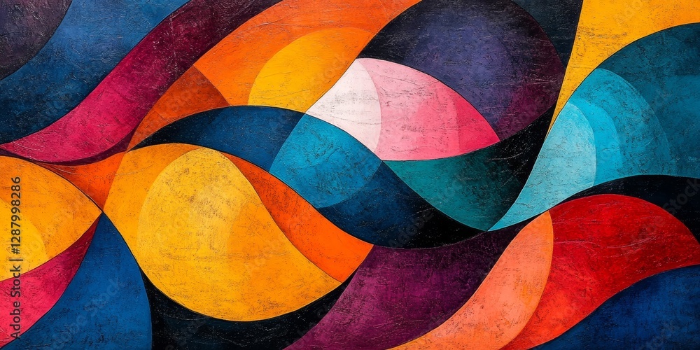 Poster abstract art of vibrant overlapping shapes forming a dynamic composition with bold colors, generativ