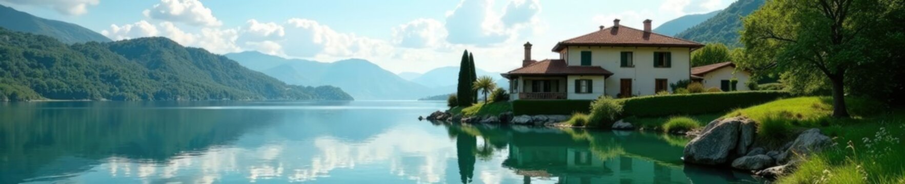 Villa sulla riva del lago con acqua specchiata, villa, paesaggio, acqua specchiata