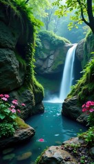 Vines and flowers cascade down a rocky slope surrounding a blue spring, aquatic plants, water feature, misty atmosphere