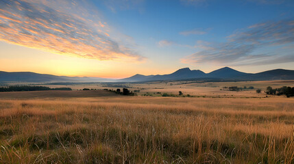 Obraz premium Golden Sunrise Over Vast Grassland and Distant Mountains
