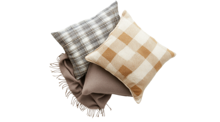 PNG, Bed. Set of decorative pillows in a checkered pattern, isolated on a white background, created using Generative AI technology.