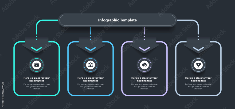 Poster Process flow diagram divided into four options - dark version. Modern infographic with minimalistic icons and place for your texts.
