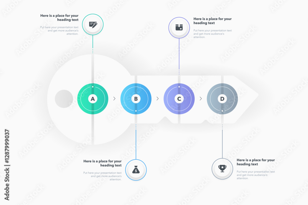 Aufkleber Problem solving process infographic template with four steps and a key as a main symbol. Modern flat diagram for project data visualization.