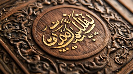 Golden calligraphy on intricate wooden plaque celebrates Eid with elegance in a close-up view. Generative AI